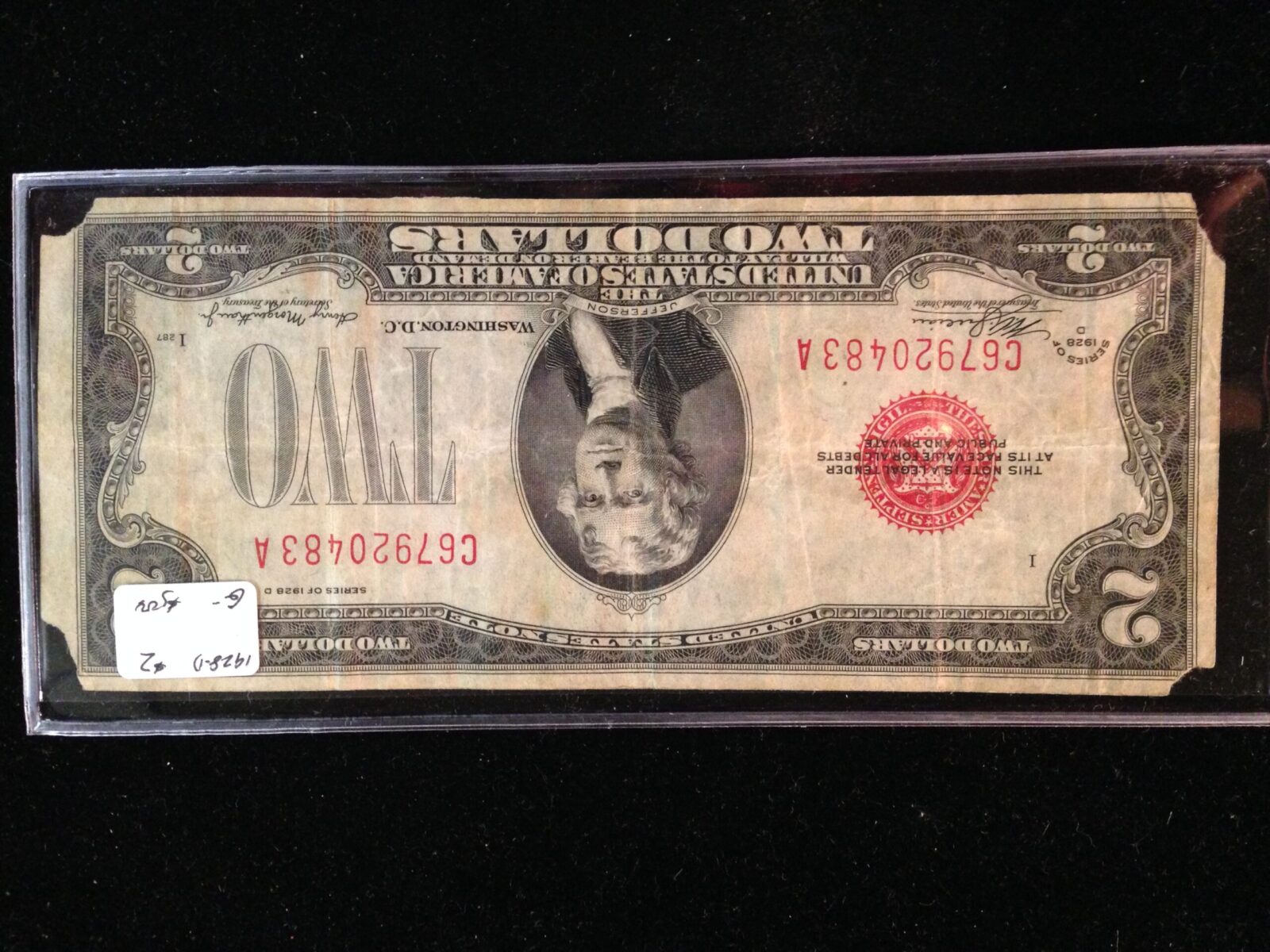 1928 $2.00 Red Seal USN G- Good Luck Note