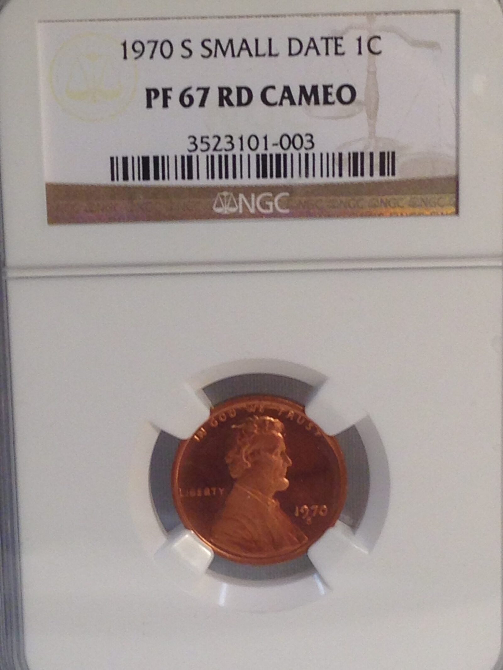1970-S Lincoln Cent NGC PF67 RD Cameo Small Date - Image 3