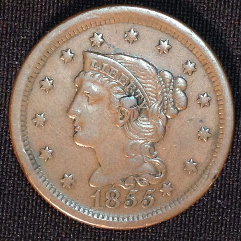 1855 Large Cent Knob on Ear AU