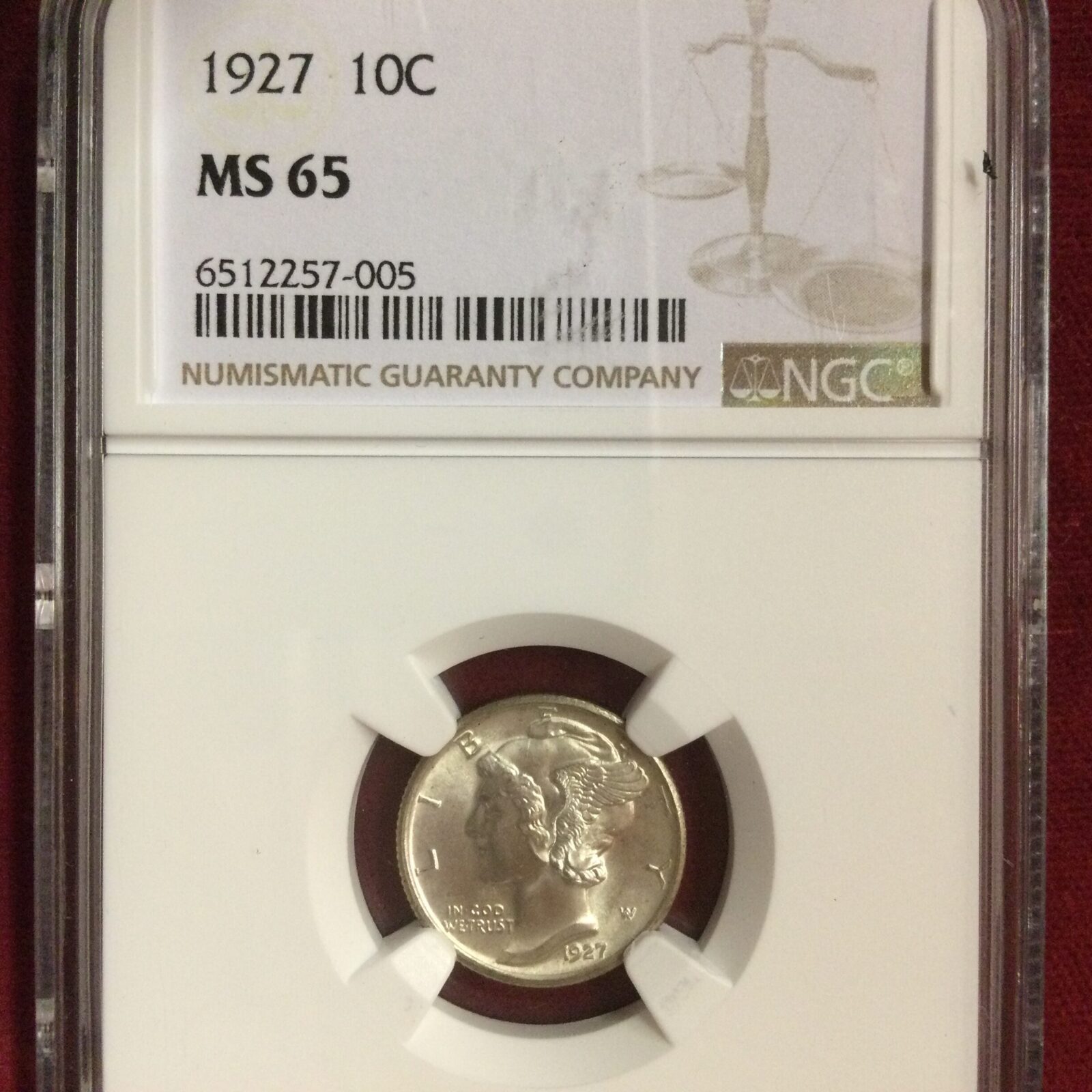 1927 Mercury Dime NGC MS65
