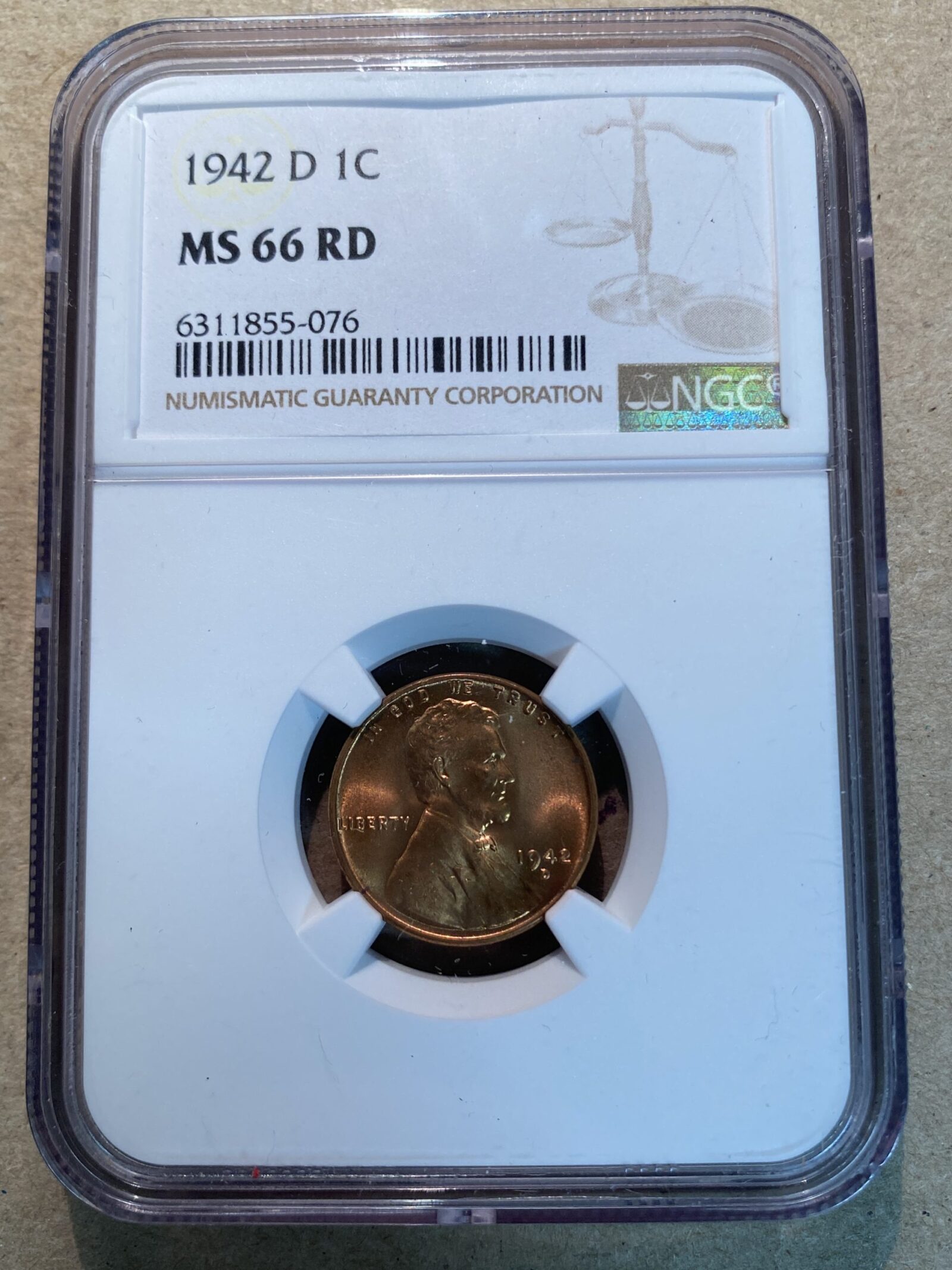 1942-D Lincoln Cent NGC MS66 RD