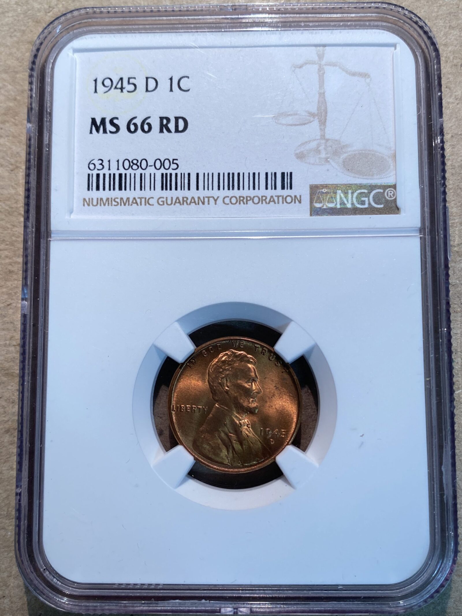 1945-D Lincoln Cent NGC MS66 RD
