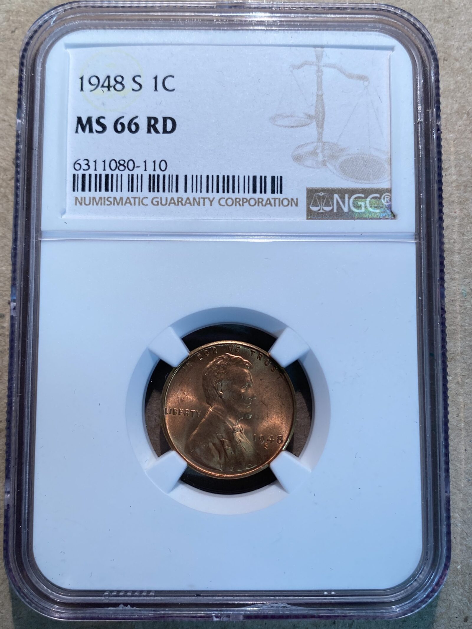 1948-S Lincoln Cent NGC MS66 RD