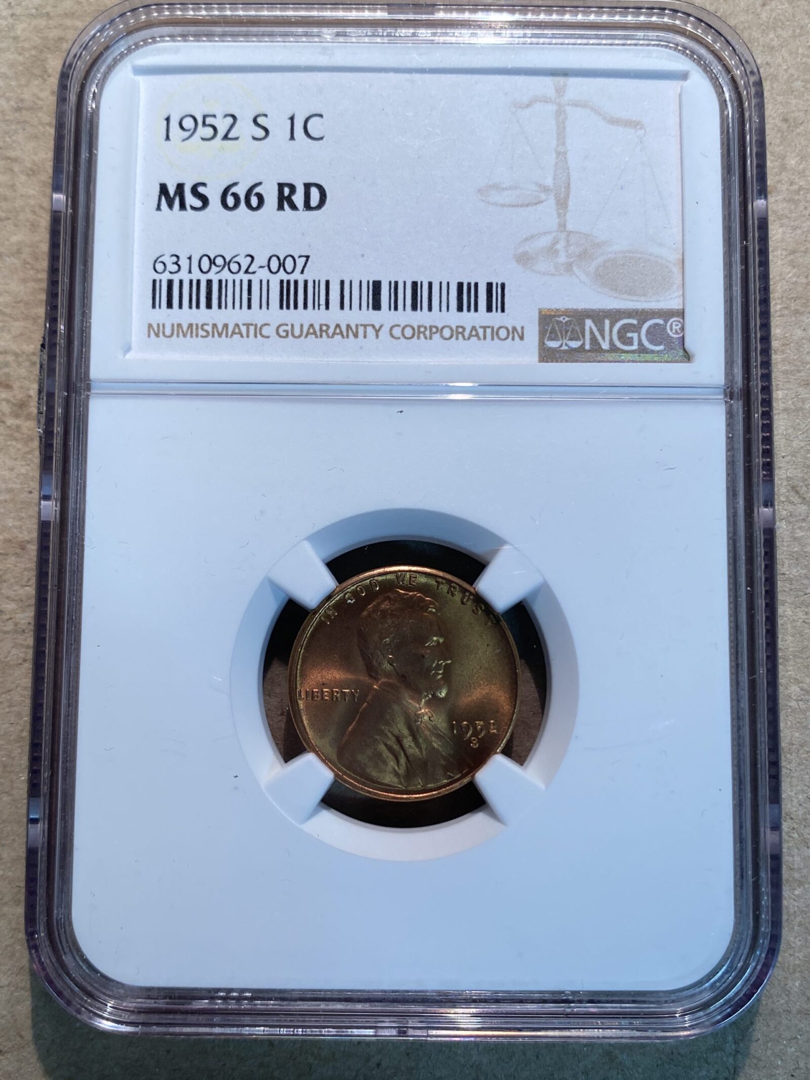 1952-S Lincoln Cent NGC MS66 RD