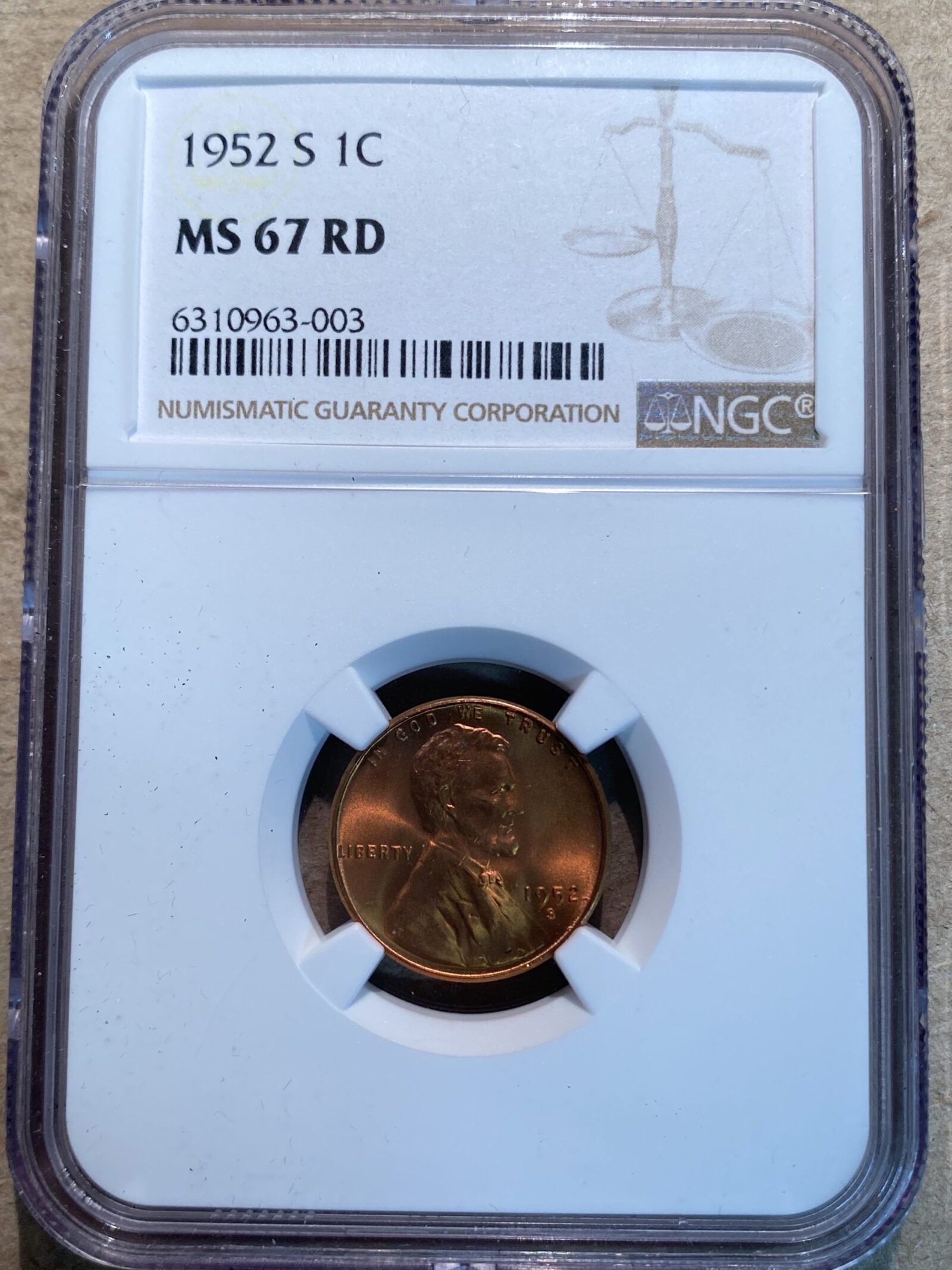 1952-S Lincoln Cent NGC MS67 RD