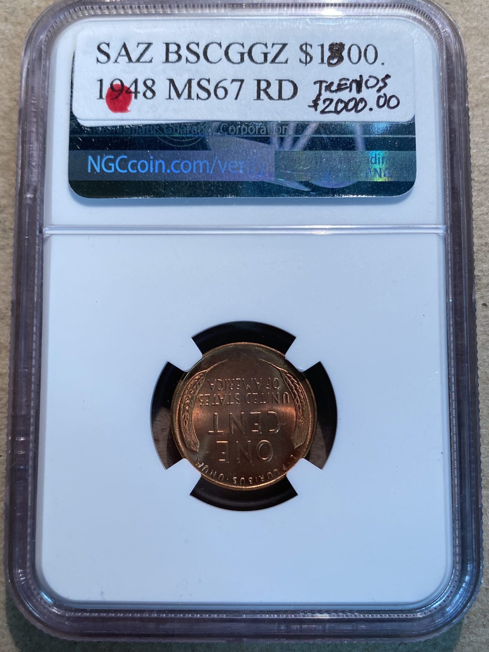 1948 Lincoln Cent NGC MS67 RD - Image 2