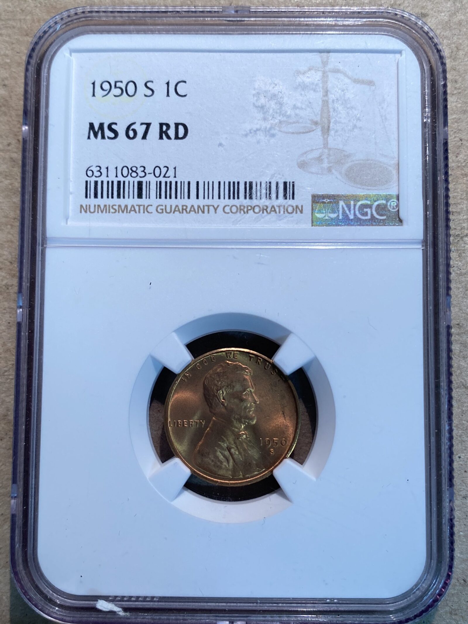1950-S Lincoln Cent NGC MS67 RD