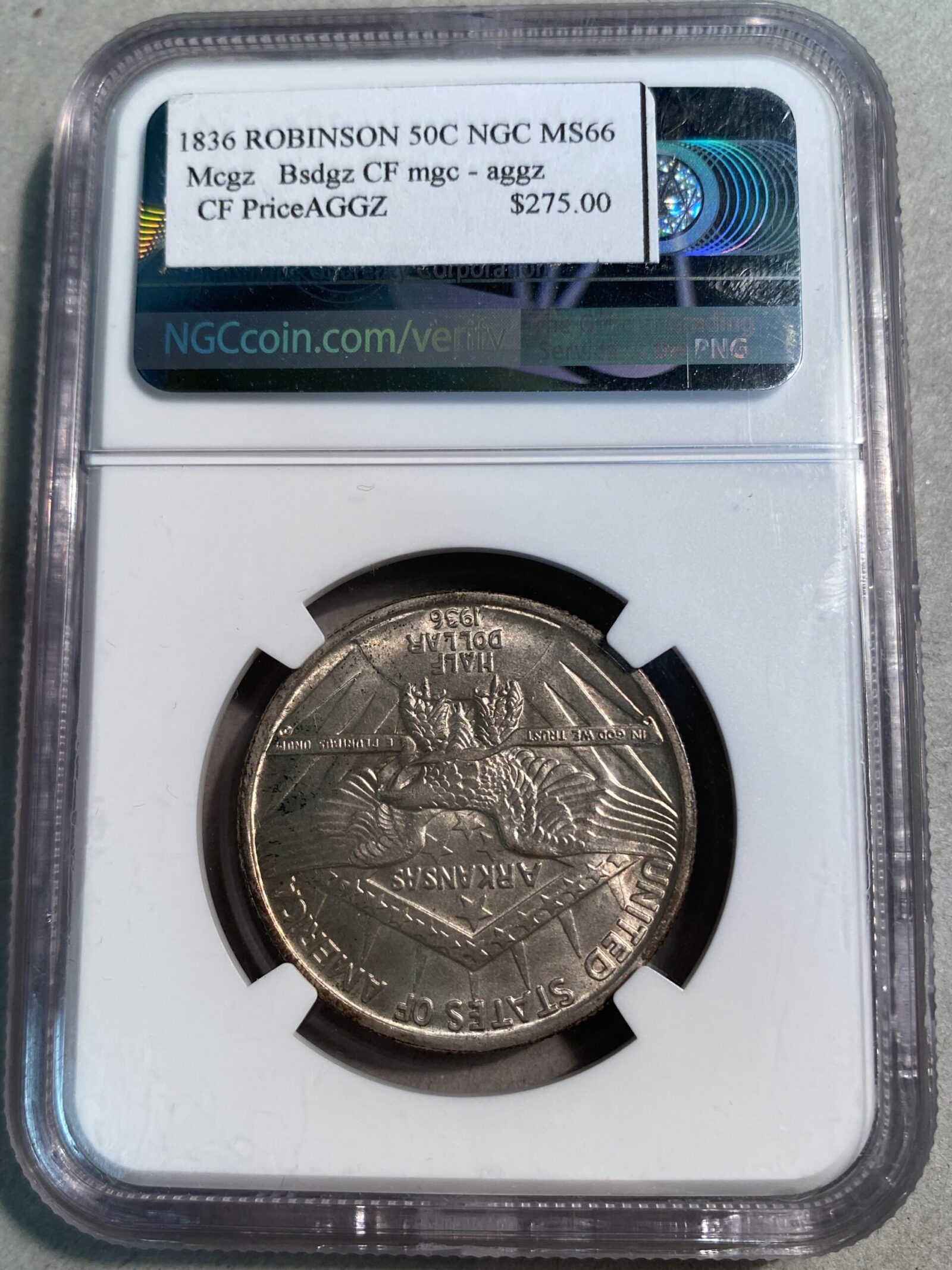 1936 Robinson Commemorative Silver Half Dollar NGC MS66 - Image 2