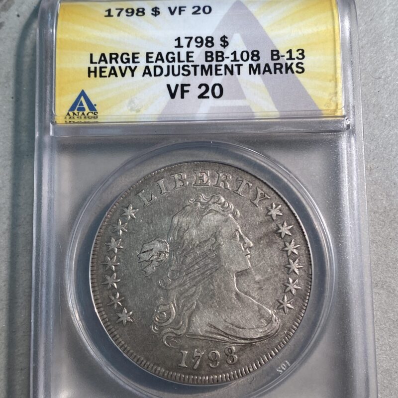 1798 Draped Bust Silver Dollar, Large Eagle, ANACS VF20 Heavy Adjustment Marks BB-108, B-13