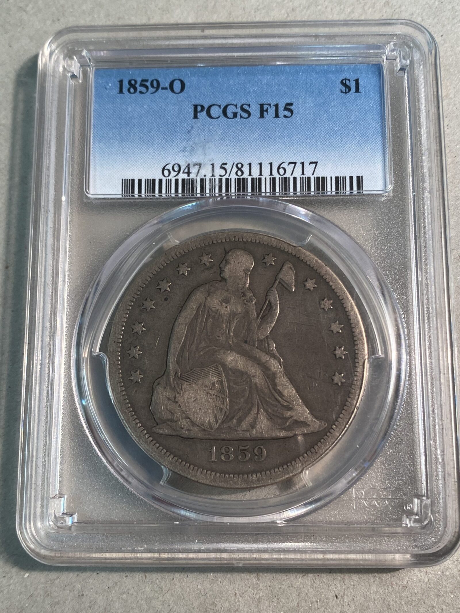 1859-O Seated Liberty Silver Dollar PCGS F15