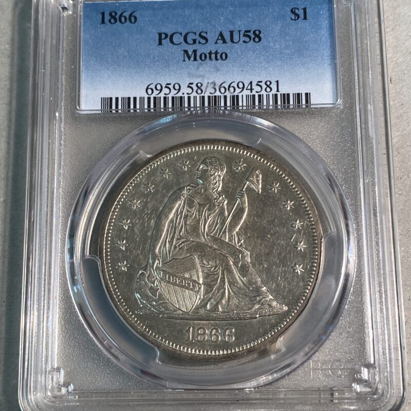 1866 Seated Liberty Silver Dollar, Motto, PCGS AU58