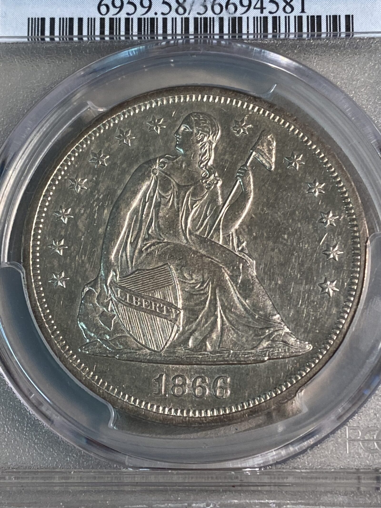 1866 Seated Liberty Silver Dollar, Motto, PCGS AU58 - Image 3