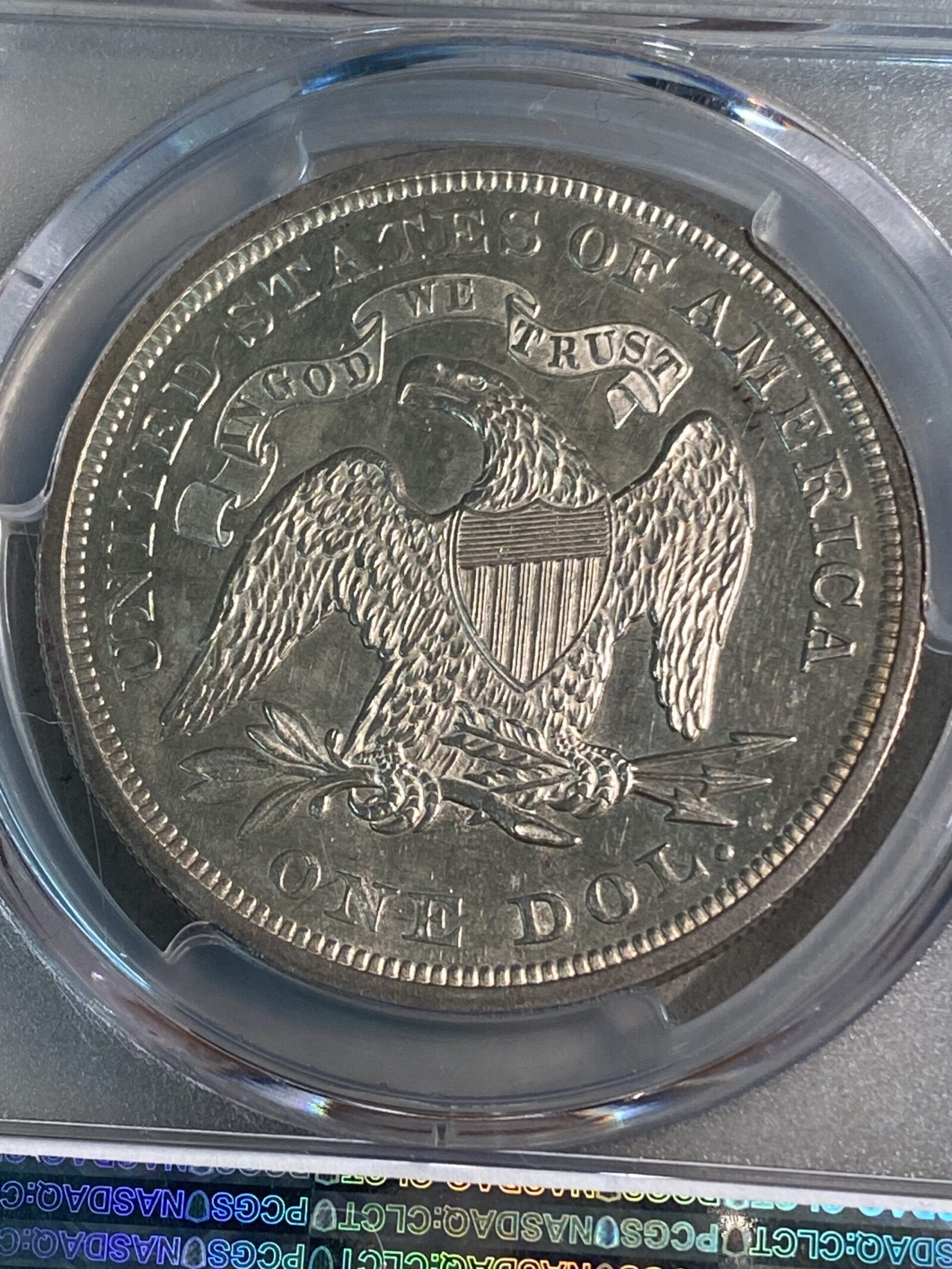 1866 Seated Liberty Silver Dollar, Motto, PCGS AU58 - Image 4