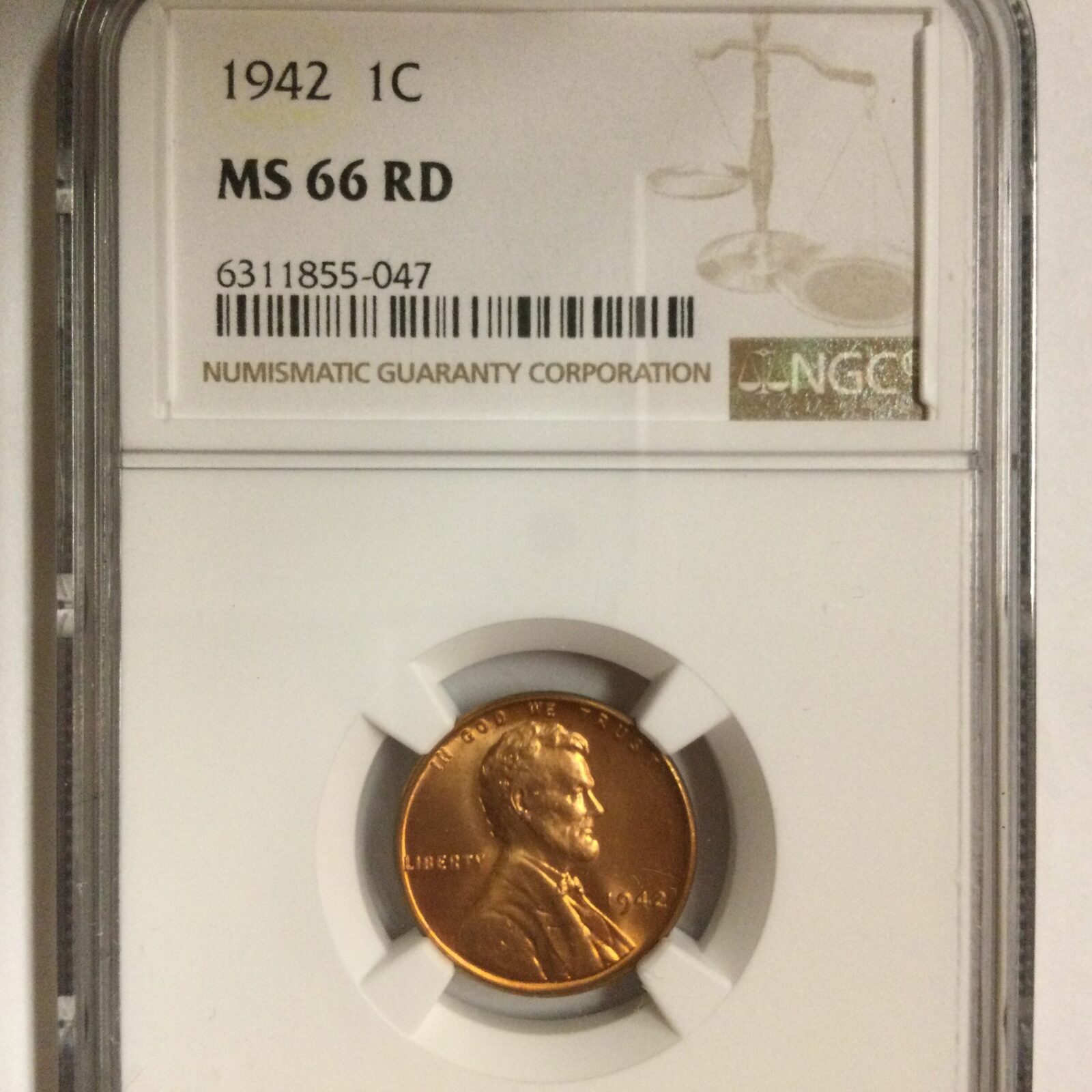 1942 Lincoln Cent NGC MS66 RD