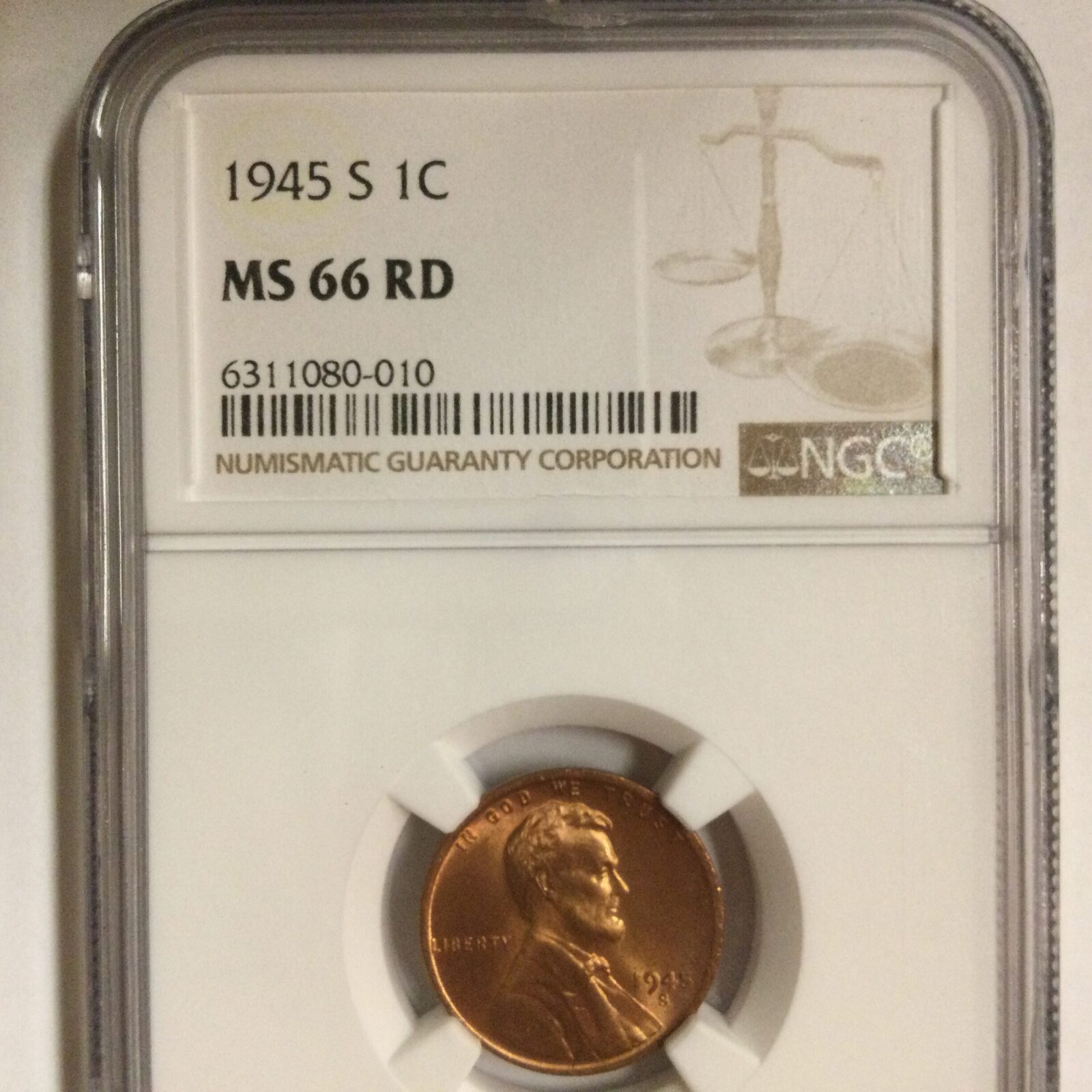 1945-S Lincoln Cent NGC MS66 RD