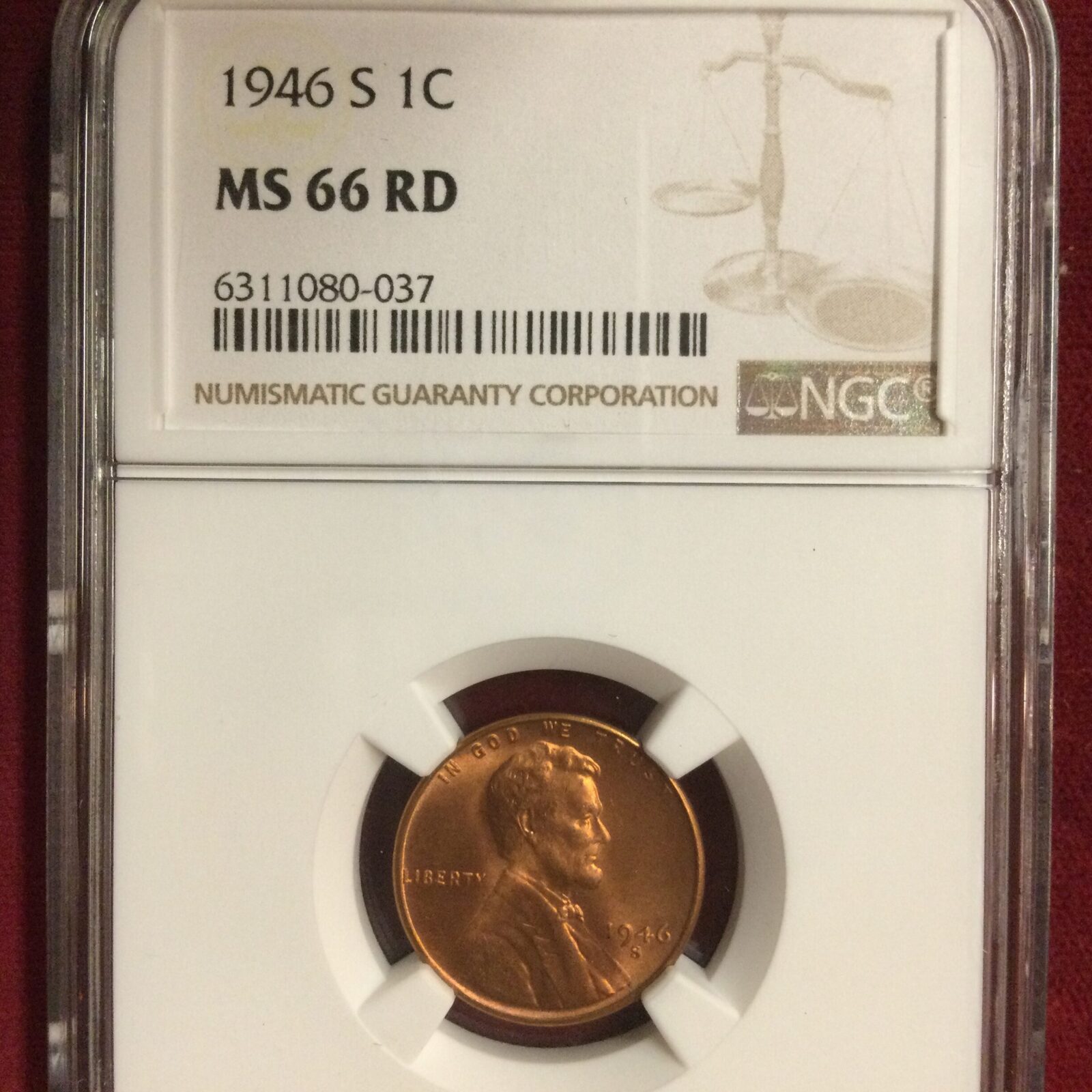1946 S Lincoln Cent NGC MS66 RD