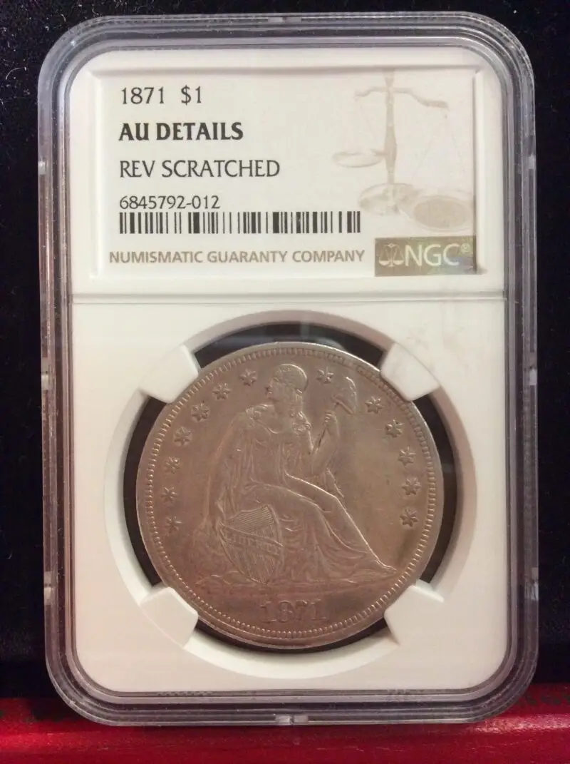 1871 Liberty Seated Silver Dollar in NGC AU Details (minor scratches on reverse)
