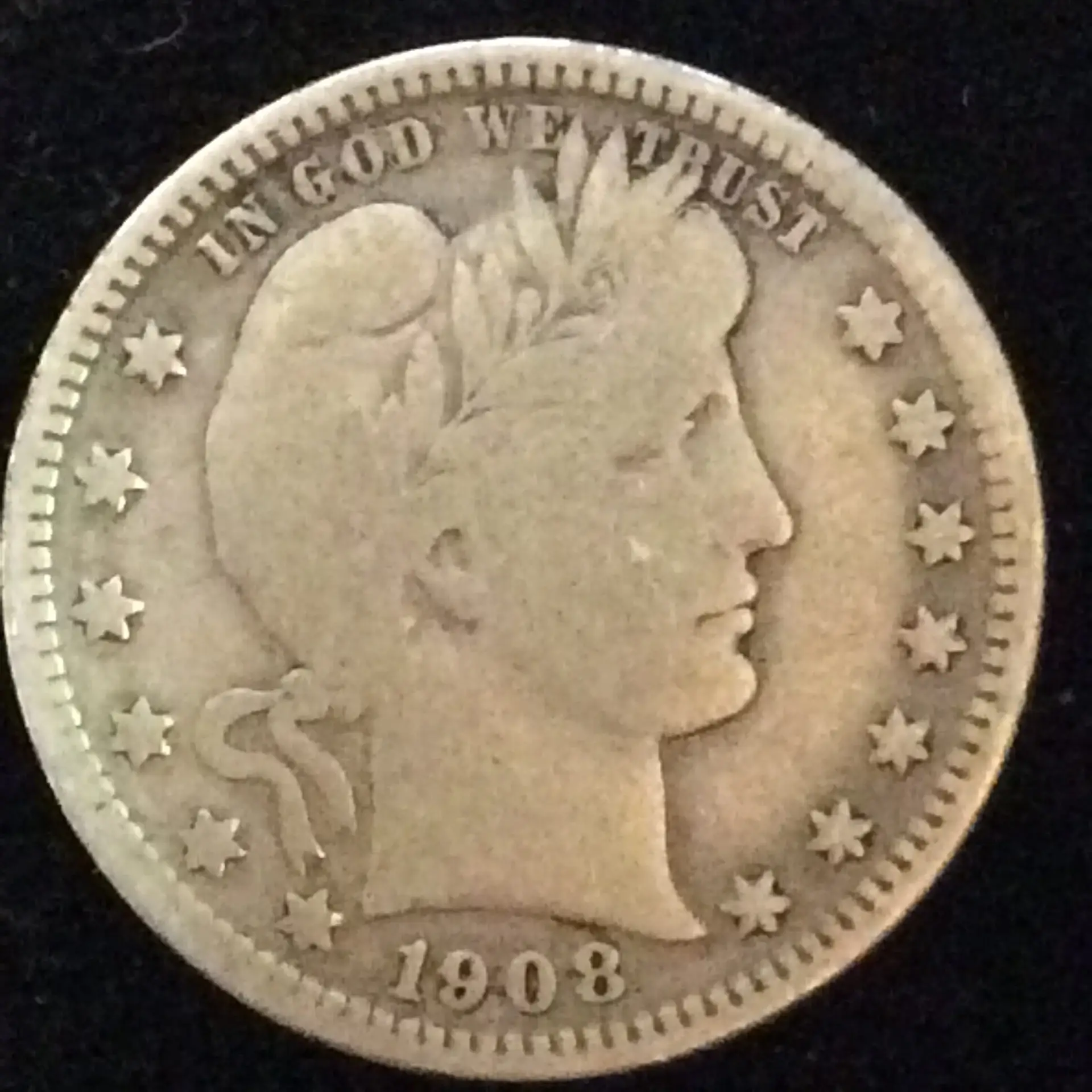 1908-D Barber Quarter in Very Good ++ Condition