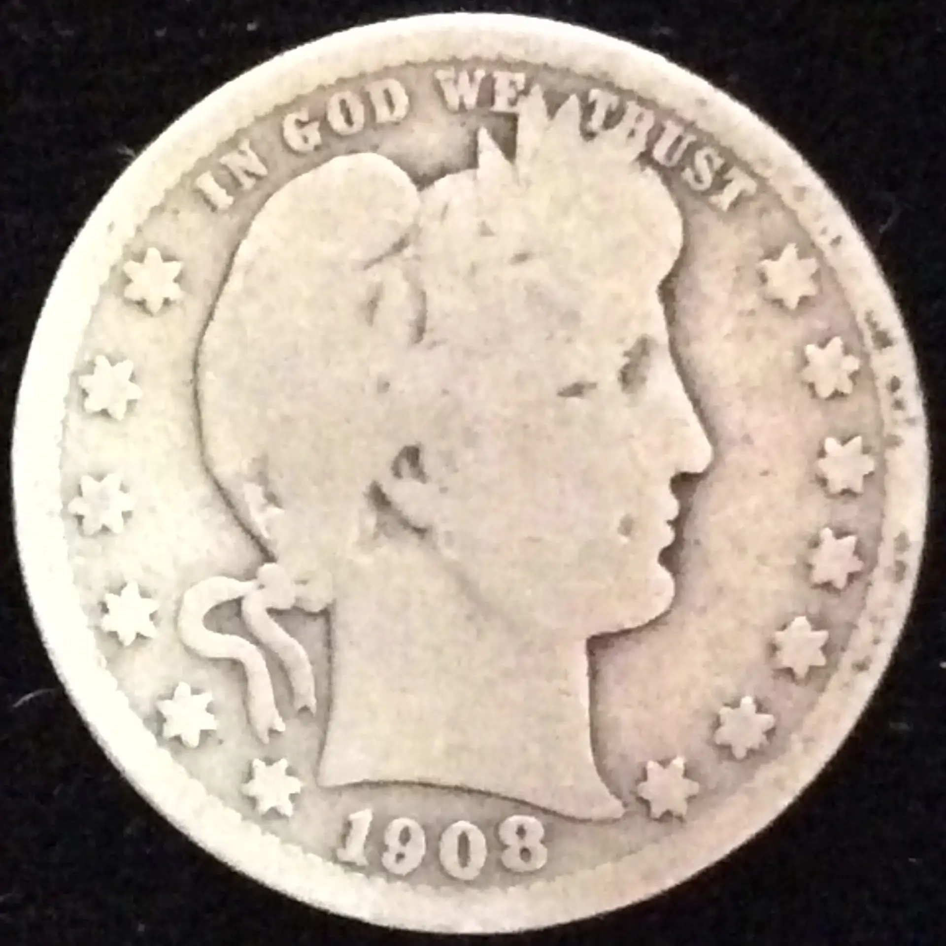 1908-S Barber Quarter in Good Condition, Nice Semi-Key Date!